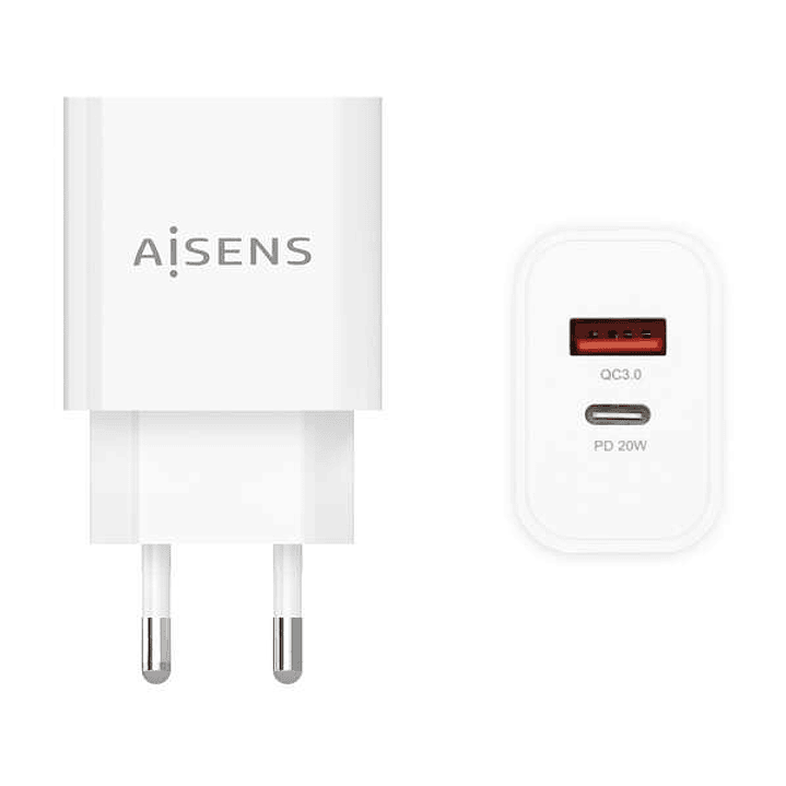 Aisens Cargador 20W - 1xUSB-C PD3.0 - 1xUSB-A QC3.0 - Color Blanco 1
