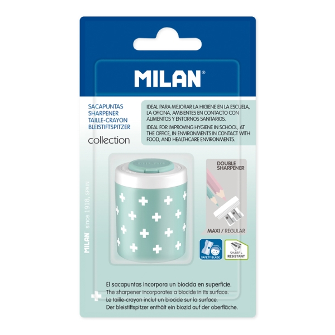 Milan Collection + Sacapuntas Doble con Deposito - Agujero Normal y Maxi - Superficie Antibacteriana - Color Turquesa 1