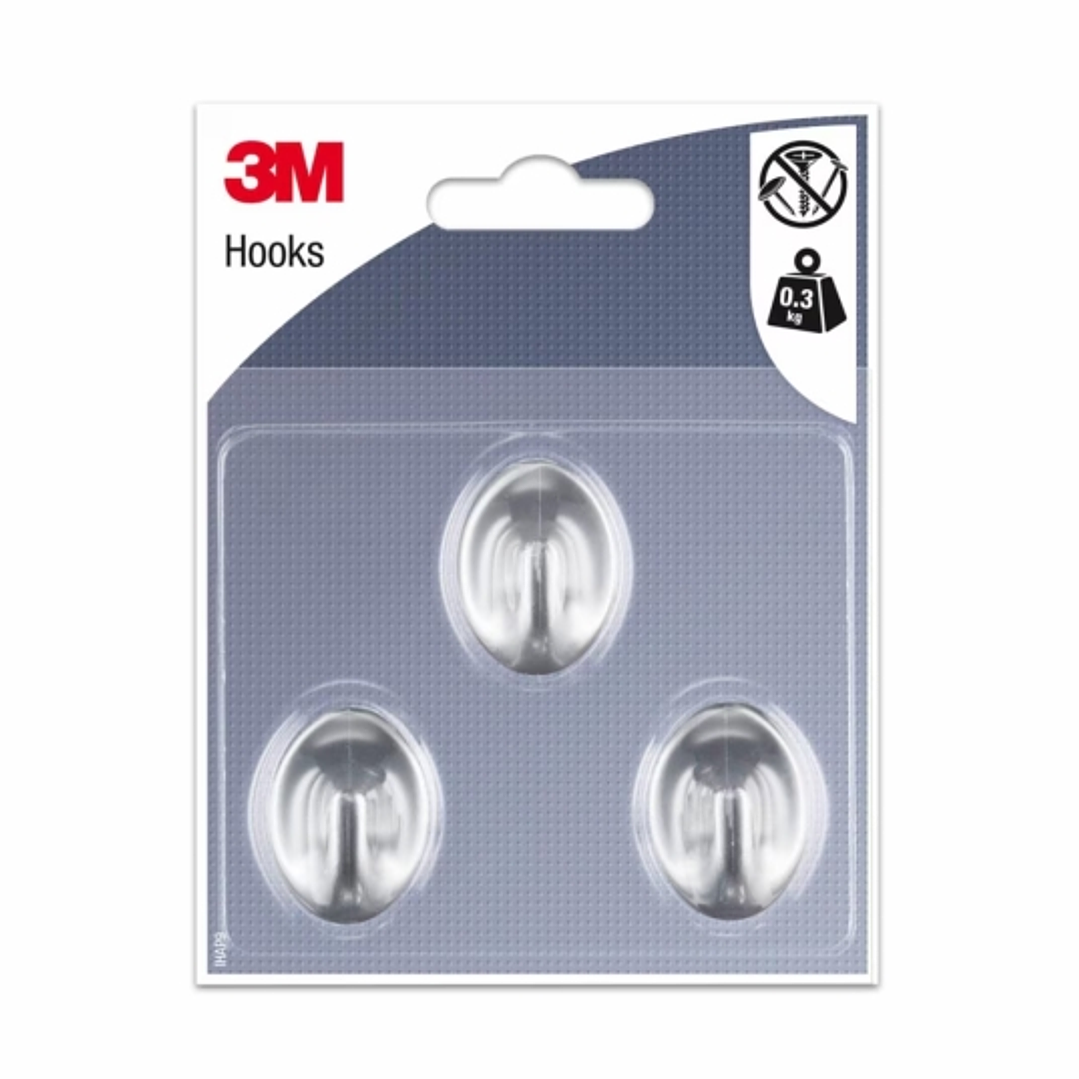 3M Pack de 3 Ganchos Adhesivos Ovalados - Formato S - Soporta hasta 0.3kg - Color Gris Metalizado 1