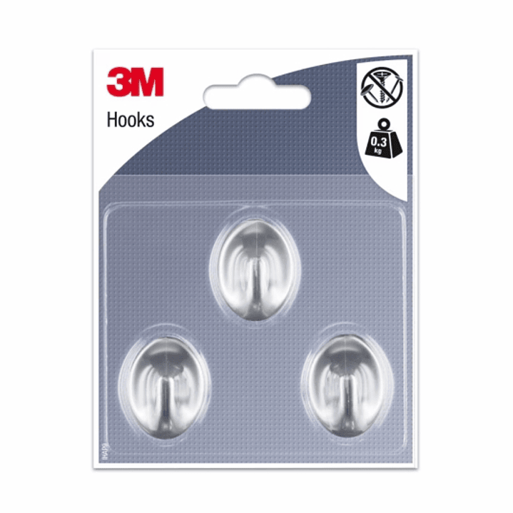 3M Pack de 3 Ganchos Adhesivos Ovalados - Formato S - Soporta hasta 0.3kg - Color Gris Metalizado 1
