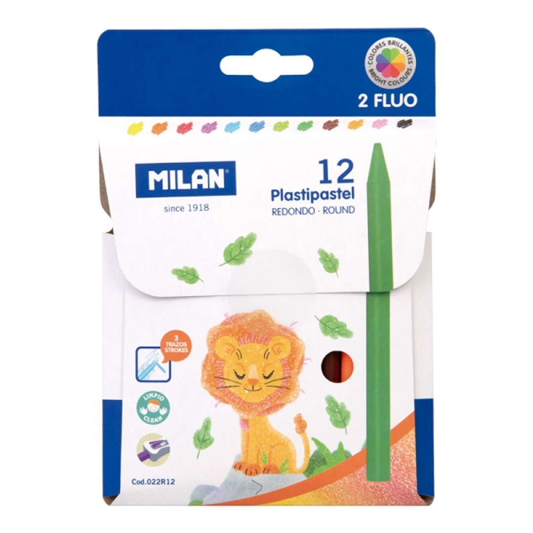 Milan Plastipastel Pack de 12 Ceras de Colores Redondas - Contiene 2 Ceras Fluo - Colores Surtidos 1