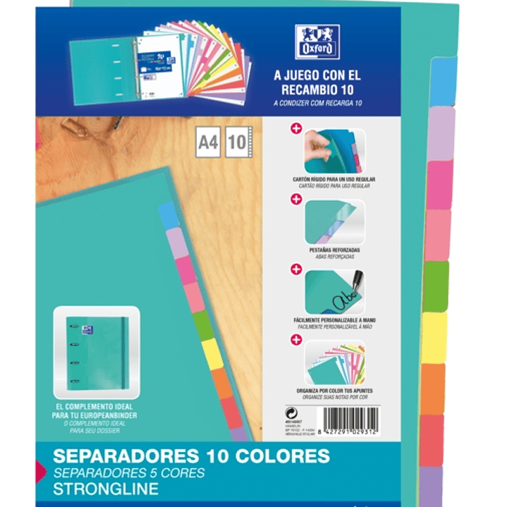 Oxford Strongline A4 Separadores - 10 Posiciones de Diferentes Colores - 4 Taladros - Cartulina 200gr 1