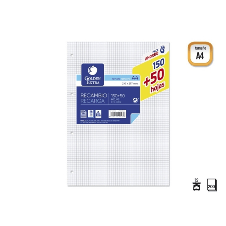Golden Extra Recambio de 200 Hojas 90gr Cuadricula 4x4 - Formato A4 - 4 Taladros 1