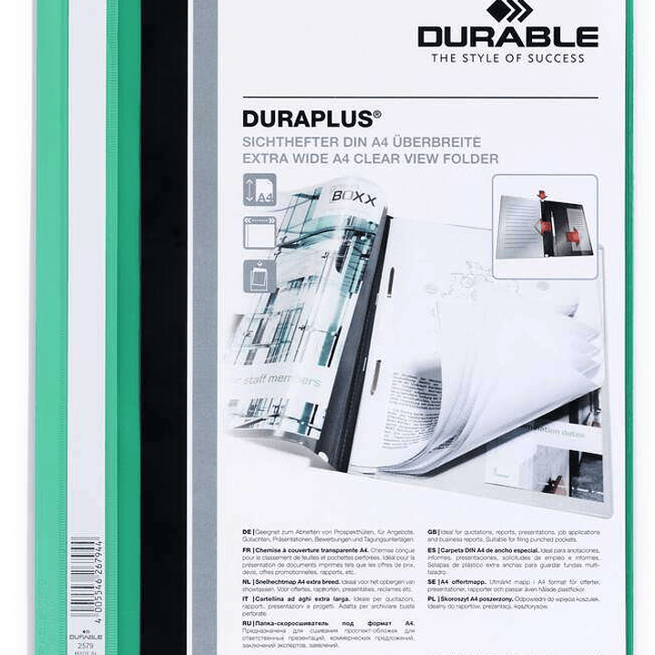 Durable Duraplus Carpeta de Fastener - Para Formato A4+ - Compartimento Interior - Tapa Posterior de Color Verde 1