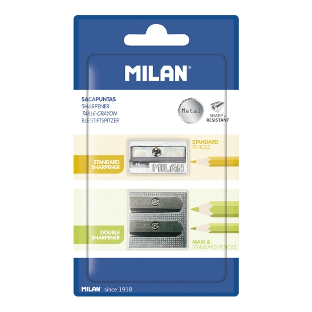 Milan Pack de 2 Sacapuntas de Aluminio Sin Deposito - 1 Estandar - 1 Doble para Normal y Maxi - Color Plata 1