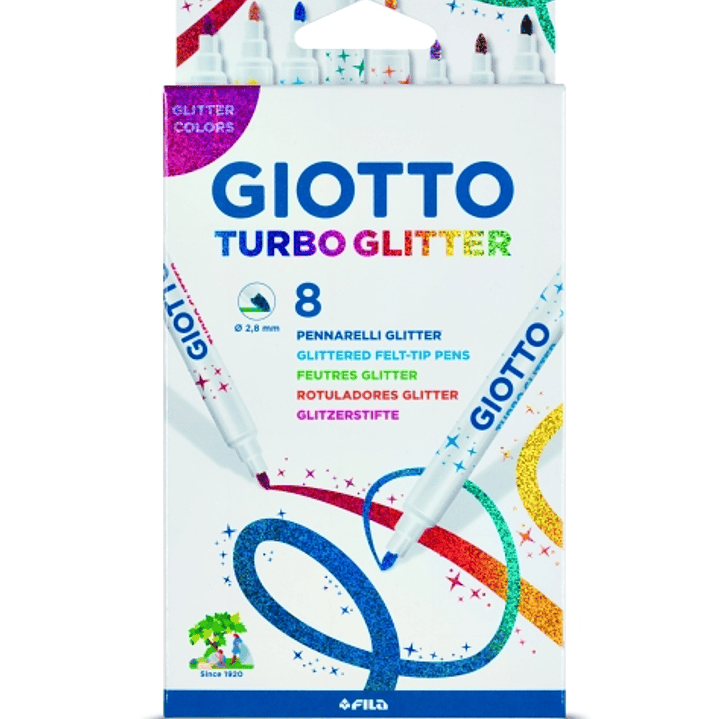 Giotto Turbo Glitter Pack de 8 Rotuladores con Tinta de Purpurina - Punta Fina 2.8mm - Colores Surtidos 1