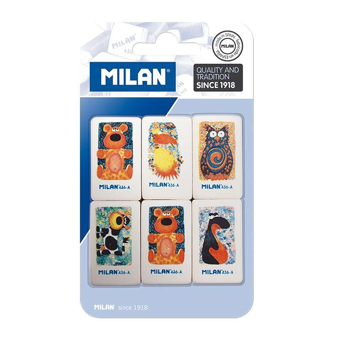 Milan 436A Pack de 6 Gomas de Borrar Rectangulares - Miga de Pan - Caucho Suave Sintetico - Dibujos Infantiles Surtidos - Color Blanco 1