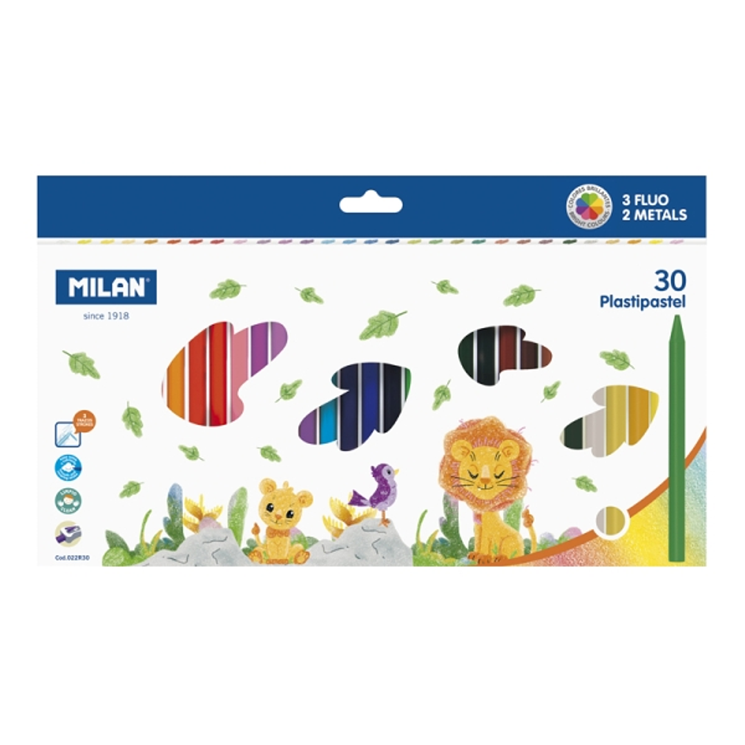 Milan Plastipastel Pack de 30 Ceras de Colores Redondas - Contiene 3 Ceras Fluo y 2 Metal - Colores Surtidos 1