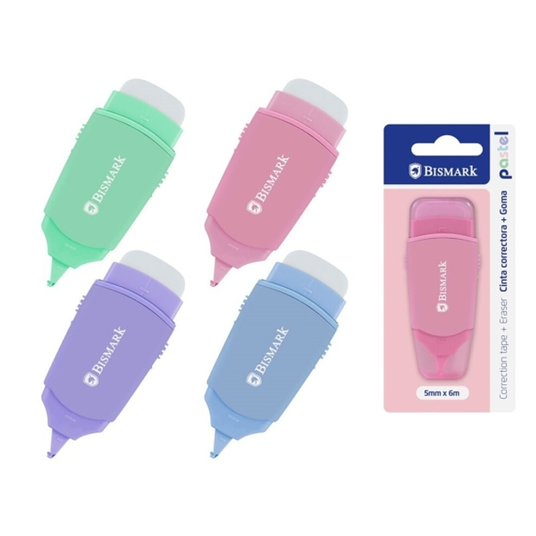 Bismark Pastel Cinta Correctora 5mmx6m con Goma de Borrar - Perfecta Adherencia al Papel - Presentacion en Blister - Cuerpo de Colores Pastel Surtidos 1