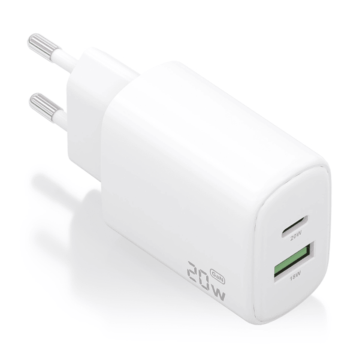 Aisens Cargador GaN 20W - 1xUSB-C PD3.0 - 1xUSB-A QC3.0 - Color Blanco 1