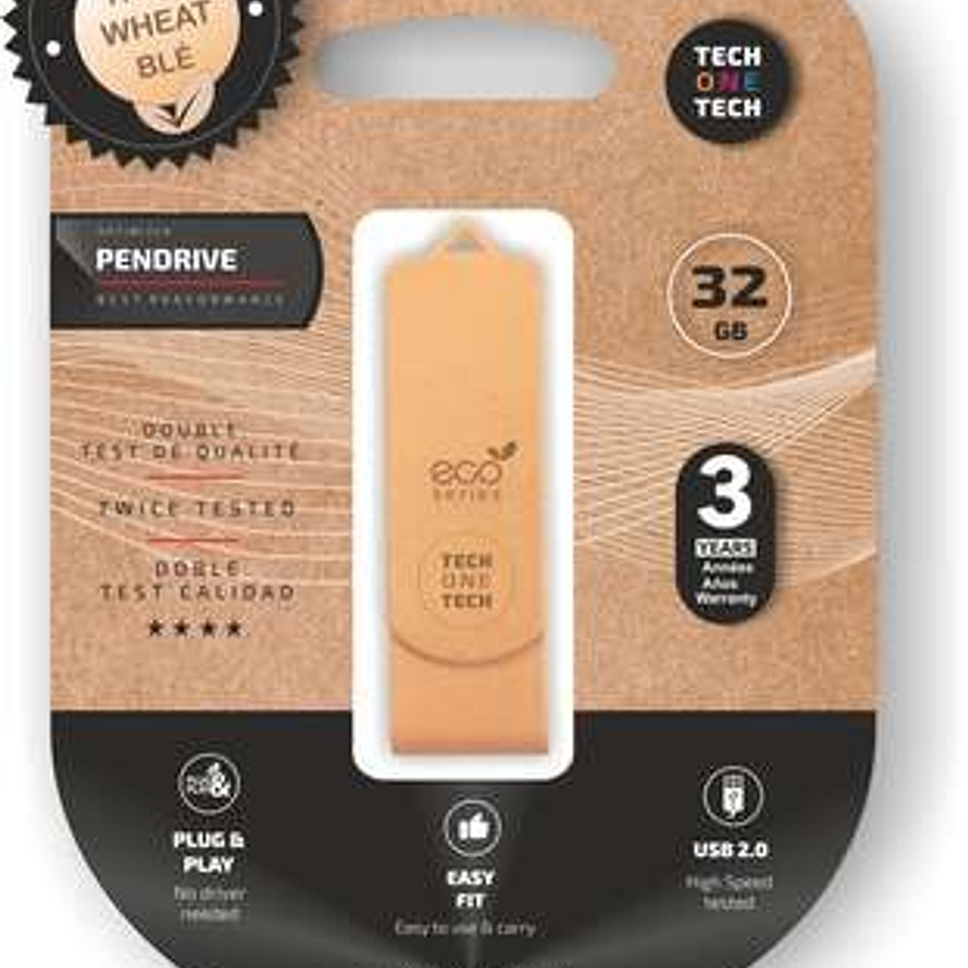 TechOneTech ecoTech Memoria USB 2.0 32GB (Pendrive) - Fabricado con Paja de Trigo 1