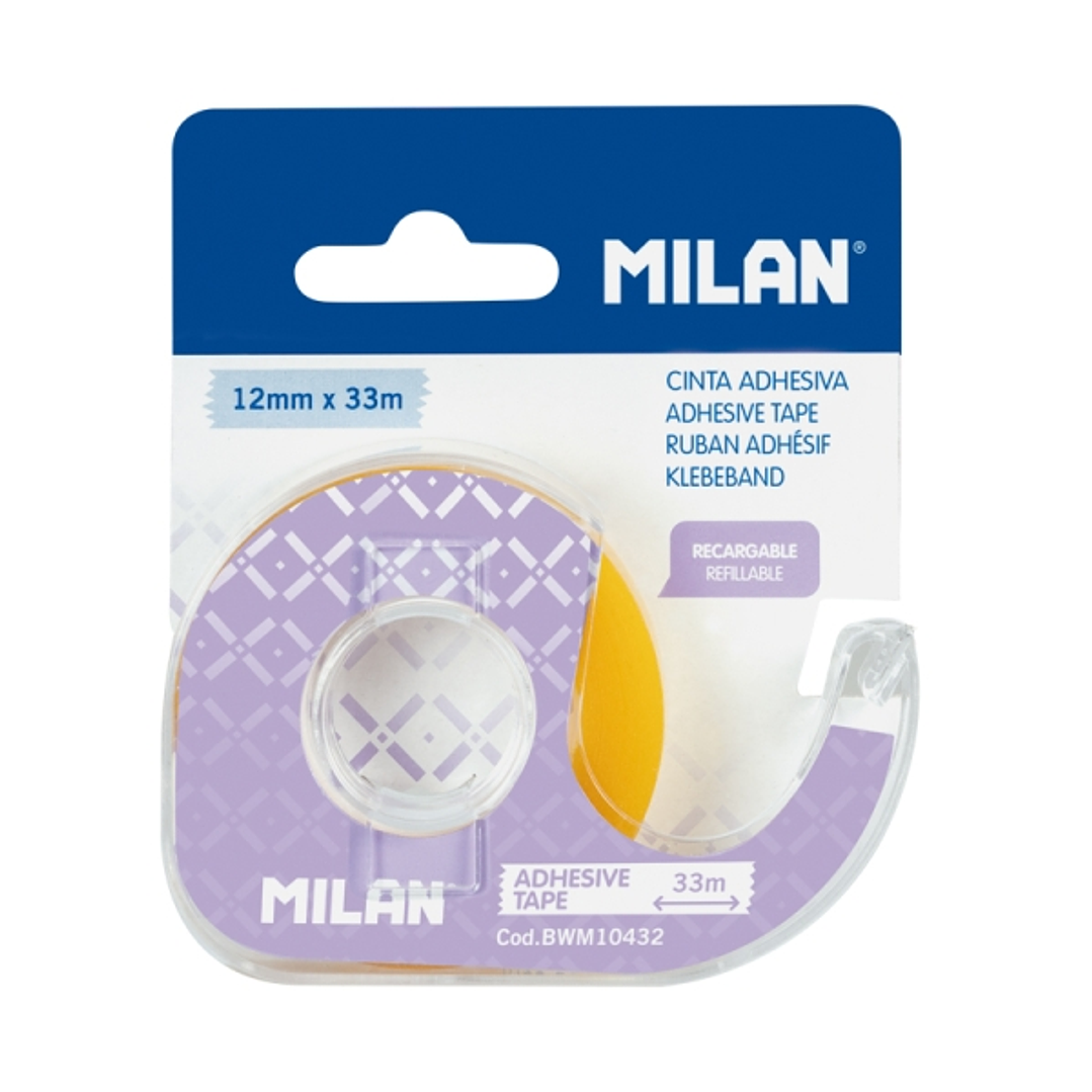 Milan Portarrollos con Cinta Adhesiva - Cinta Amarillo Transparente - Hoja de Corte Metalica - 12mm x 33m - Color Lila 1