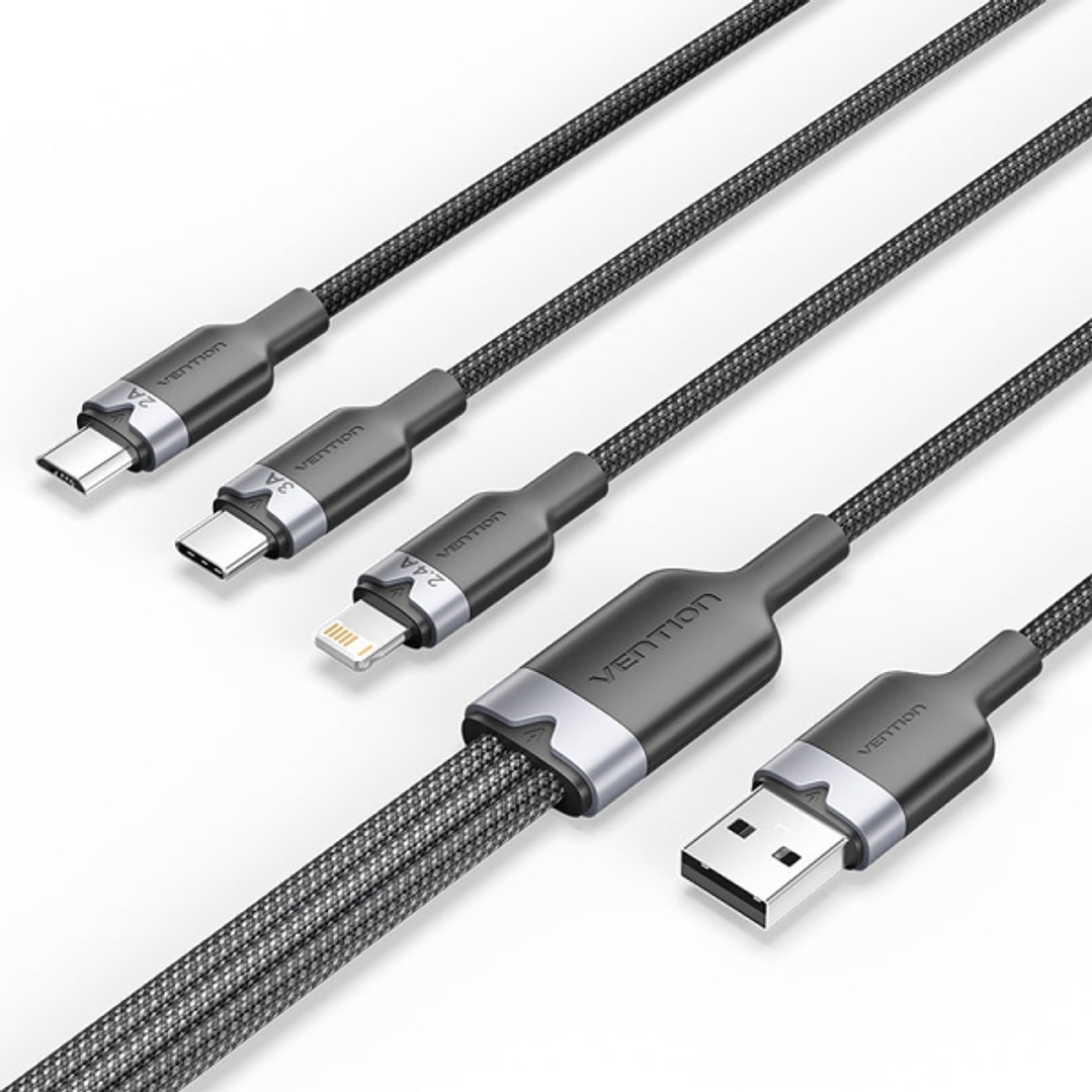 Vention Cable USB-A 2.0 a USB-C, Lightning, Micro-B 3A - 1.5m - Trenzado - Color Negro 1