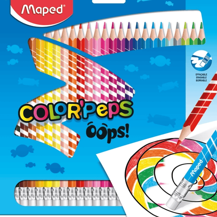 Maped Color´Peps Oops Pack de 24 Lapices de Colores Borrables - Mina 2.9mm - Con Goma de Borrar - Sin Madera - Colores Surtidos 1
