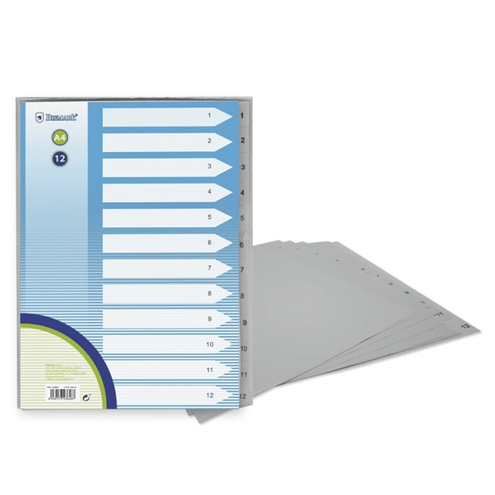 Bismark Indice Numerico con Pestañas del 1 al 12 - Multitaladro - Formato A4 - Fabricados en Polipropileno - Color Gris 1