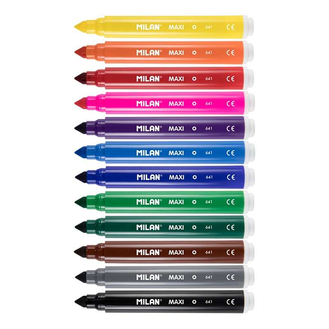 Milan Pack de 12 Rotuladores Maxi - Punta Conica 7.5mm - Tinta al Agua - Lavable - Colores Surtidos 1