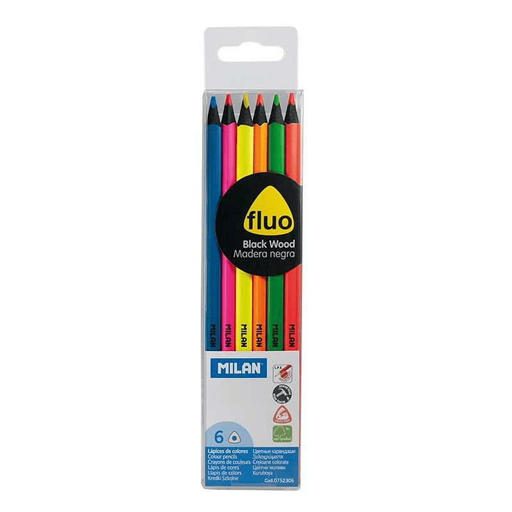 Milan Fluo Pack de 6 Lapices Triangulares de Colores - Mina 2.9mm - Ergonomicos - Resistente a la Rotura - Madera de Tilo - Colores Surtidos 1