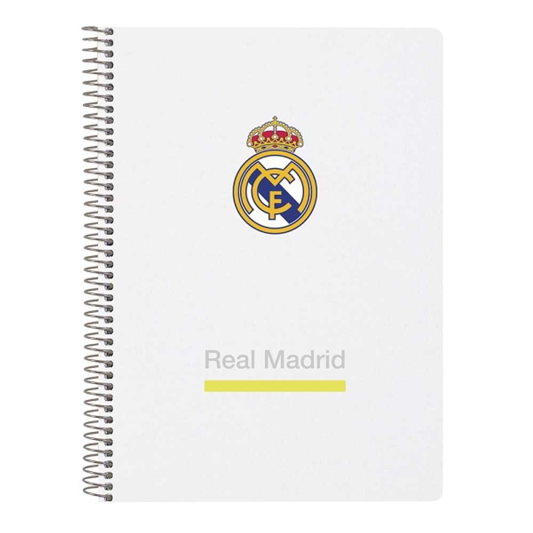 Safta Real Madrid Cuaderno Espiral - Tapas Duras - 80 Hojas A4 con Cuadriculada 4X4mm - Formato Cuarto - 15.5x22x1cm - Color Blanco y Negro 1