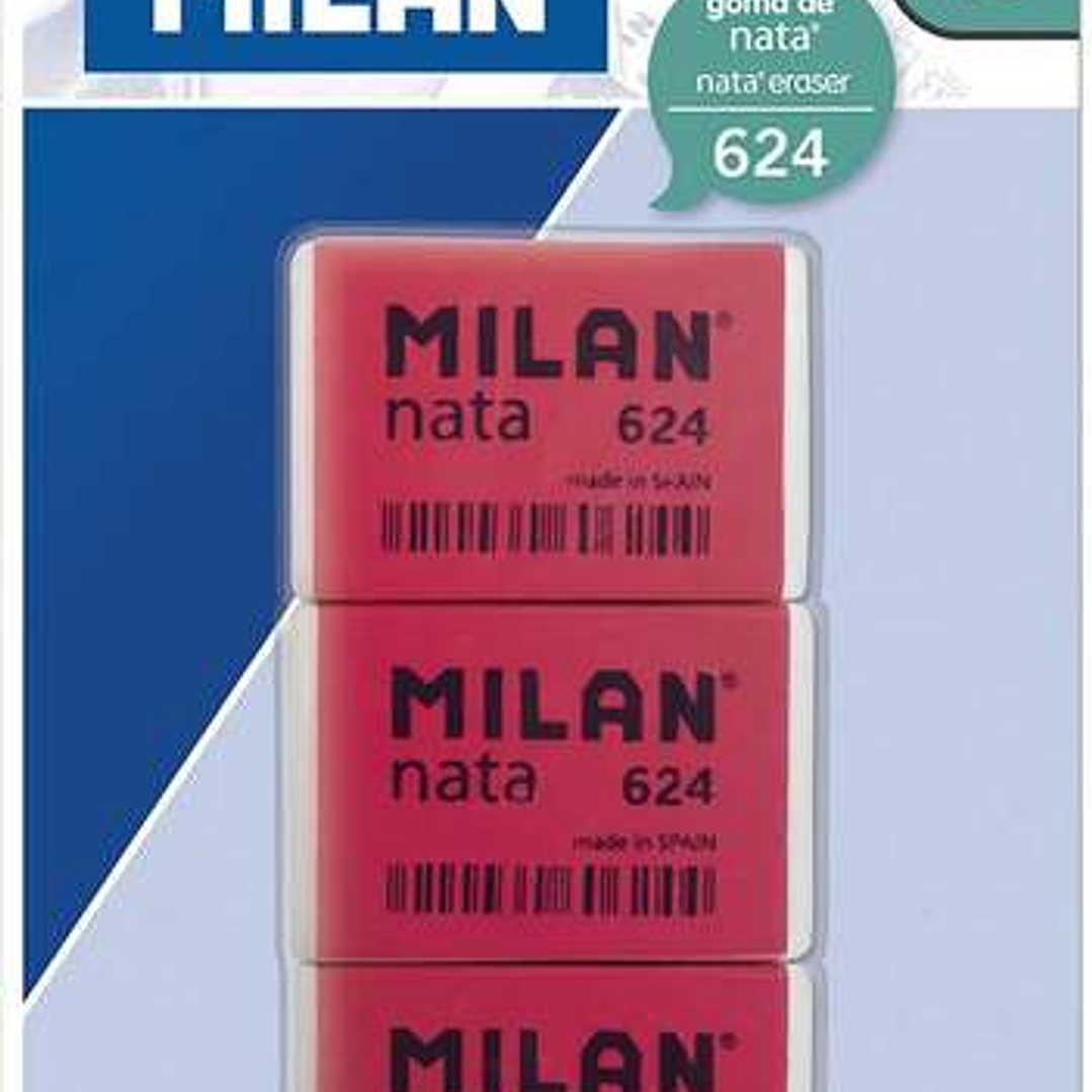 Milan Nata 624 Pack de 3 Gomas de Borrar Rectangulares - Plastico - Suave - No Abrasiva - Color Rojo/Blanco 1