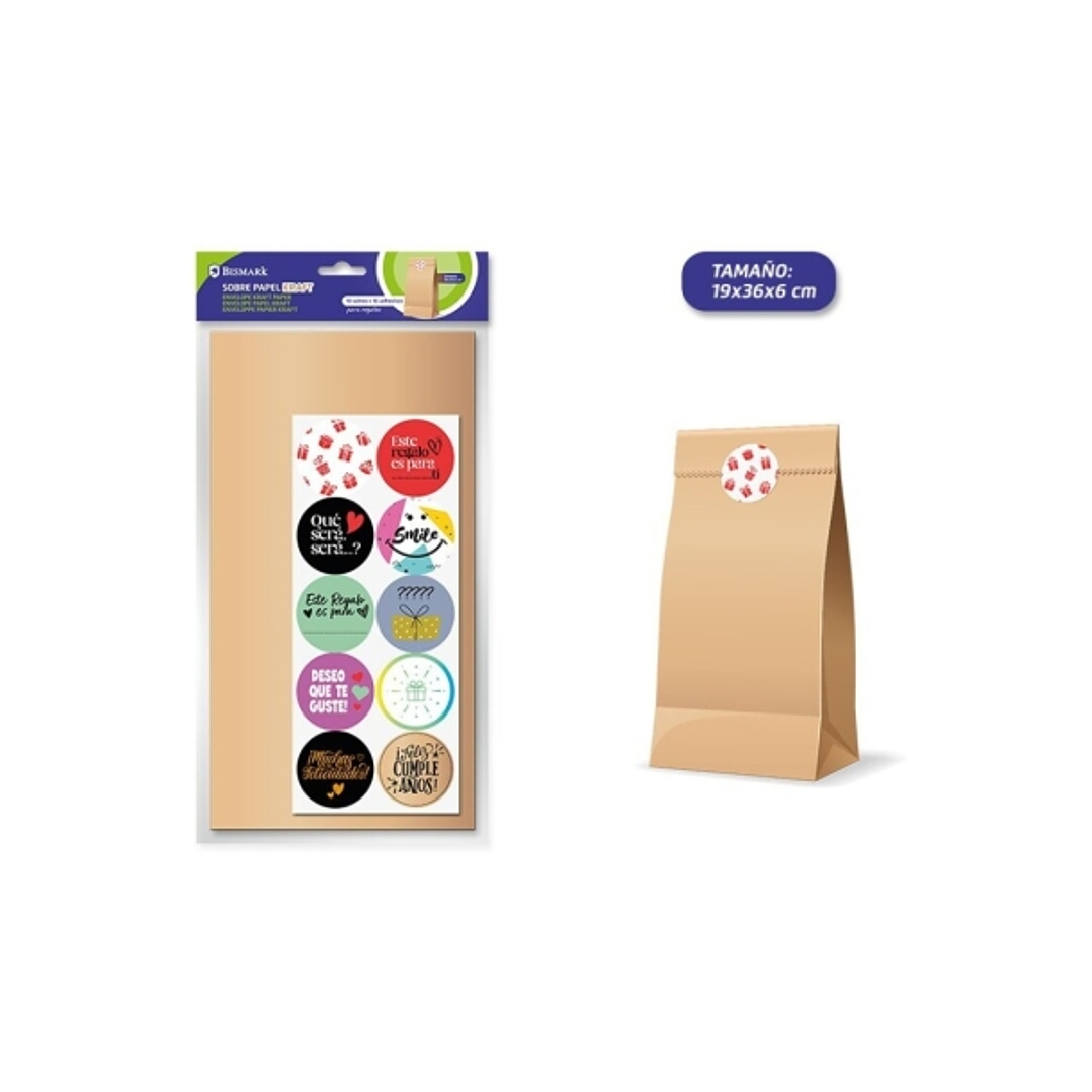 Bismark Pack de 10 Sobres Papel Kraft 50grs con 10 Pegatinas para Cierre - Medidas 19x36x6cm - Ideal para Regalos - Color Marron Kraft 1
