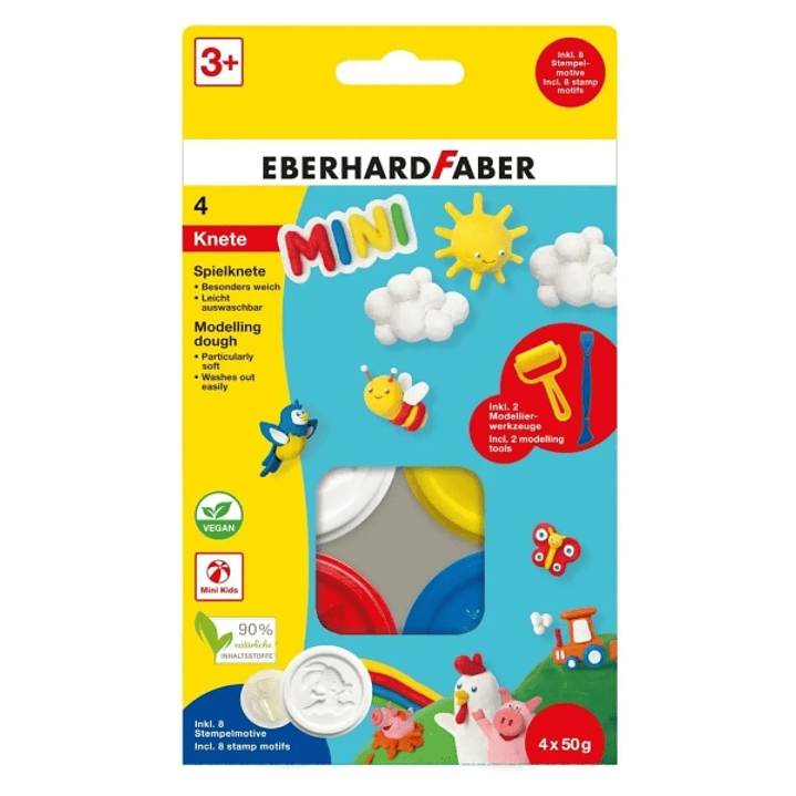 Eberhard Faber Mini Kids Pack con 4 Botes 50gr de Pasta de Modelar + 2 Herramientas - 90% Ingredientes Naturales - Facil de Lavar - Colores Blanco, Am 1