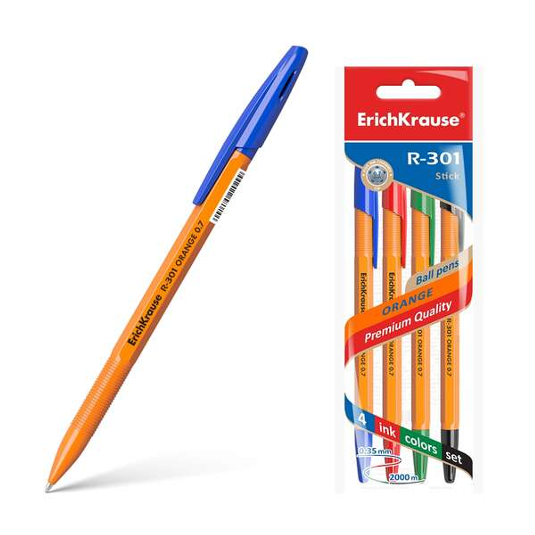 Erichkrause Pack de 4 Boligrafos R-301 Naranja Stick 0.7 - Cuerpo Hexagonal Opaco - Punta de 0.7mm - Tinta de Secado Rapido - Color Azul 1