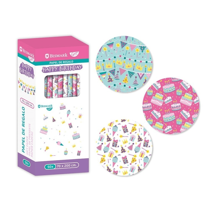 Bismark Happy Birthday Rollo de Papel Regalo - Medidas 70cmx200cm - 3 Diseños Diferentes 1