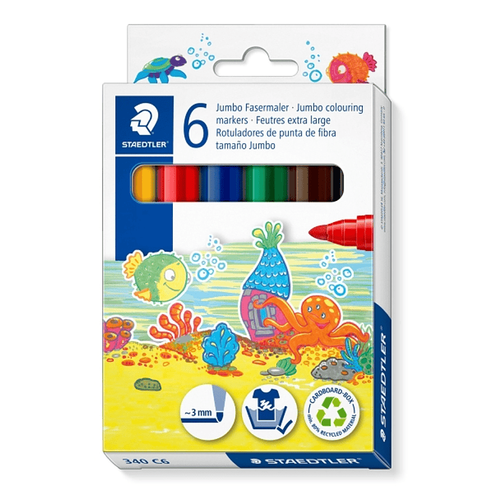 Staedtler Noris Jumbo 340 Pack de 6 Rotuladores Jumbo - Punta de Fibra - Trazo 3mm - Tapa Ventilada - Colores Surtidos 1