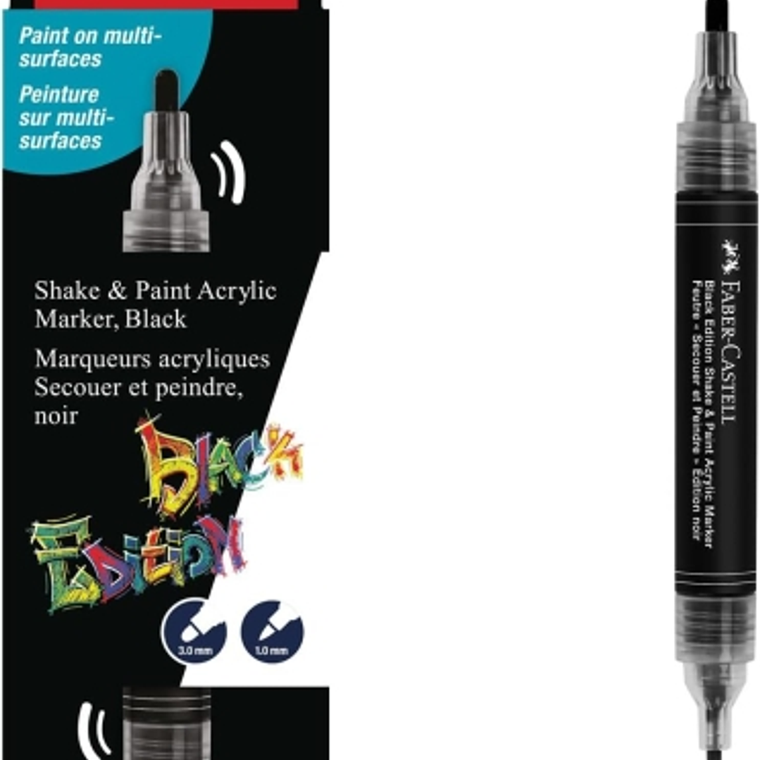 Faber-Castell Shake & Paint Black Edition Rotulador Acrilico Doble Punta - Puntas Redondas de 1mm y 3mm - Tinta Acrilica al Agua - Color Negro 1
