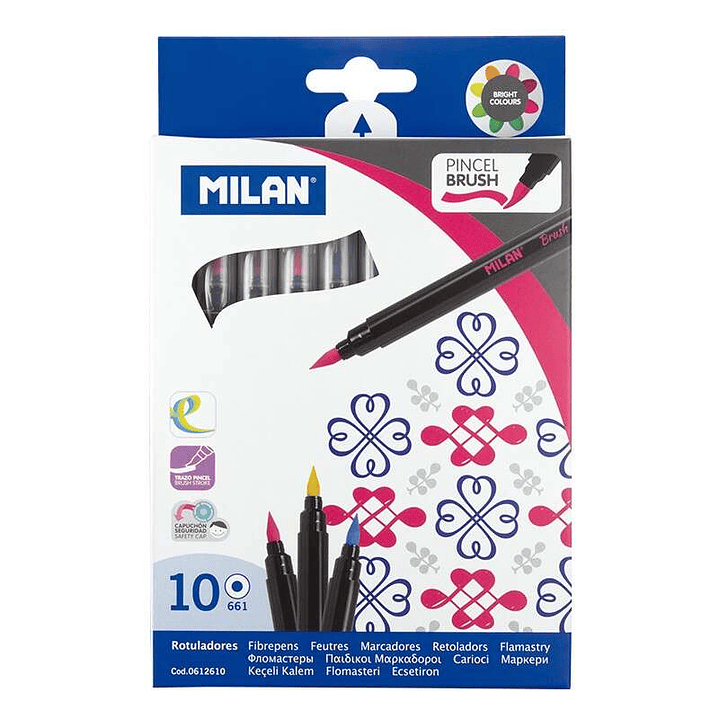 Milan Pack de 10 Rotuladores con Punta de Pincel - Trazo de 0.5 a 4mm - Tinta a Base de Agua - Mezclable entre si - Colores Surtidos 1