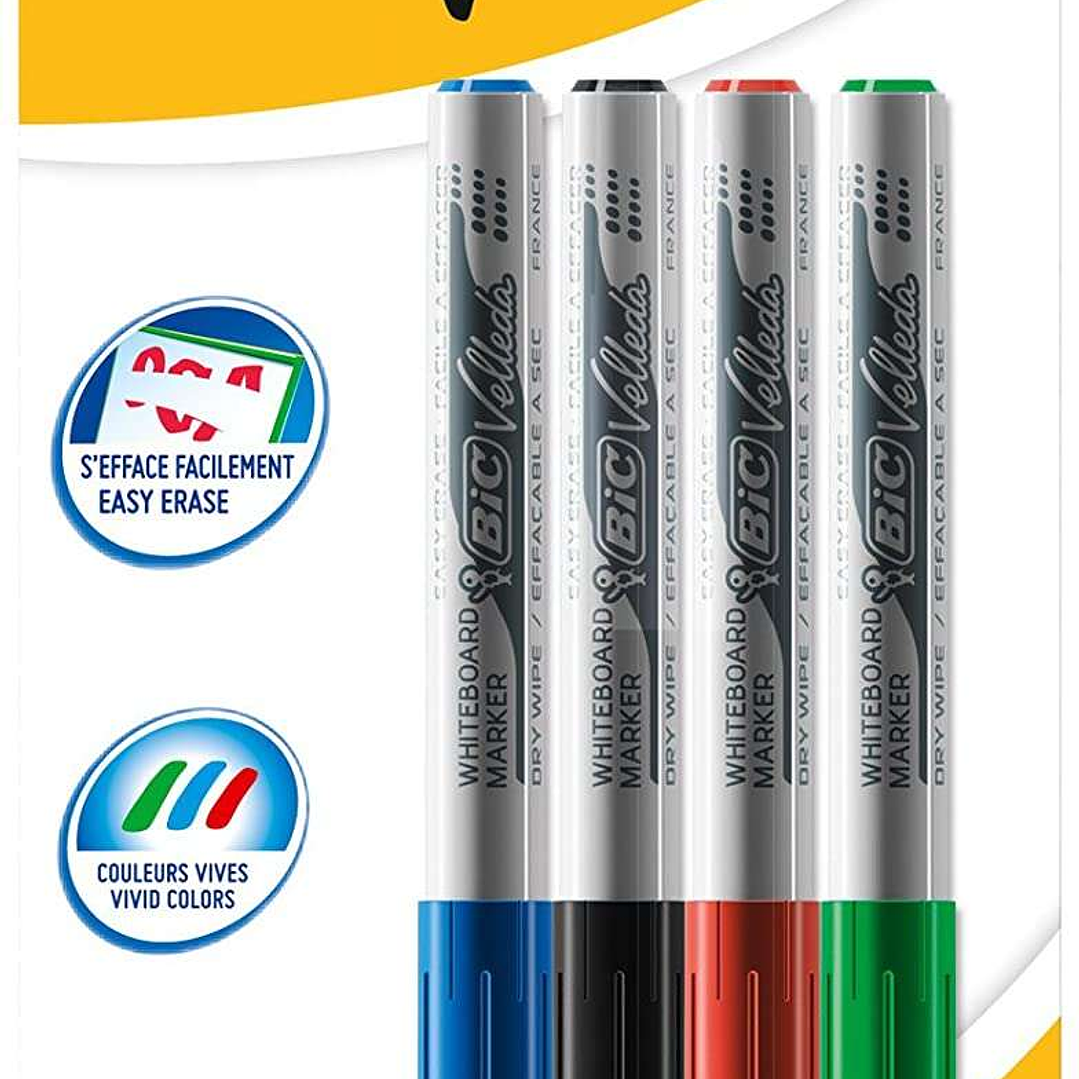 Bic Velleda 1741 Pack de 4 Rotuladores para Pizarra - Punta Media - Trazo de 1.4mm - Borrado Optimo - Colores Surtidos 1