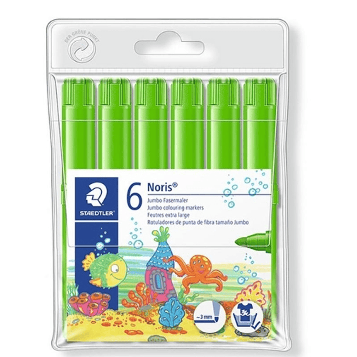 Staedtler Noris Jumbo 340 Pack de 6 Rotuladores Jumbo - Punta de Fibra - Trazo 3mm - Tapa Ventilada - Color Verde Claro 1