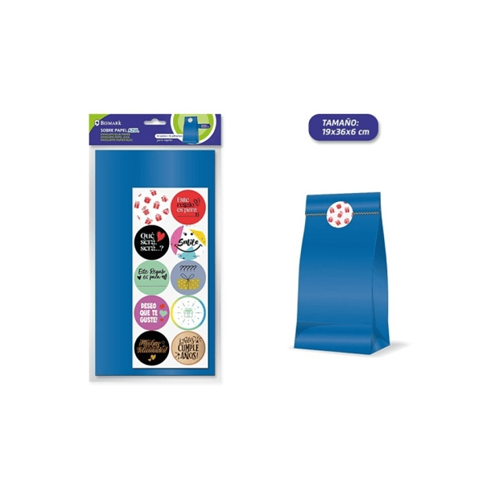 Bismark Pack de 10 Sobres Papel Kraft 50grs con 10 Pegatinas para Cierre - Medidas 19x36x6cm - Ideal para Regalos - Color Azul 1