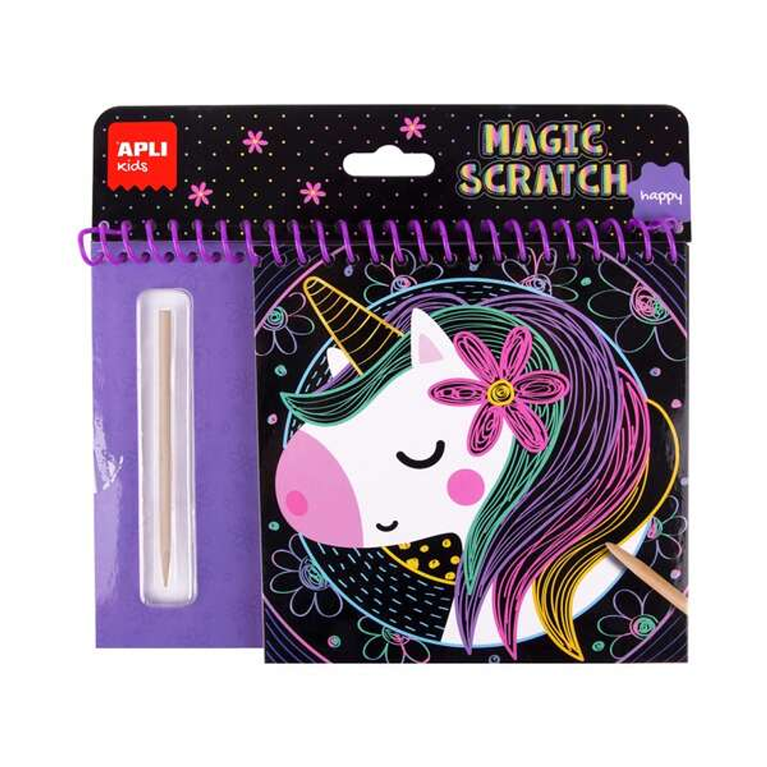 Apli Bloc Magic Scratch Happy - 8 Laminas para Rascar - Palito Rascador de Madera - Ilustracion con Imagen de Muestra 1