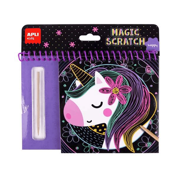 Apli Bloc Magic Scratch Happy - 8 Laminas para Rascar - Palito Rascador de Madera - Ilustracion con Imagen de Muestra 1