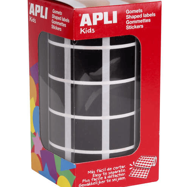 Apli Gomets Cuadrados Negros 20x20mm - 59 Hojas Pretroqueladas - 1770 Gomets por Rollo - Ideal para Desarrollar Habilidades y Capacidades en Niños - C 1