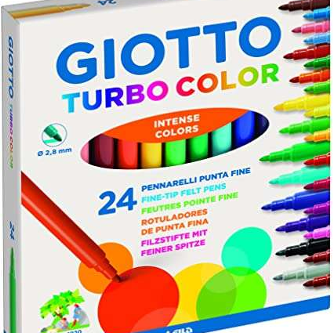 Giotto Turbo Color Pack de 24 Rotuladores - Punta Fina 2.8 mm. - Tinta al Agua - Lavable - Colores Surtidos 1