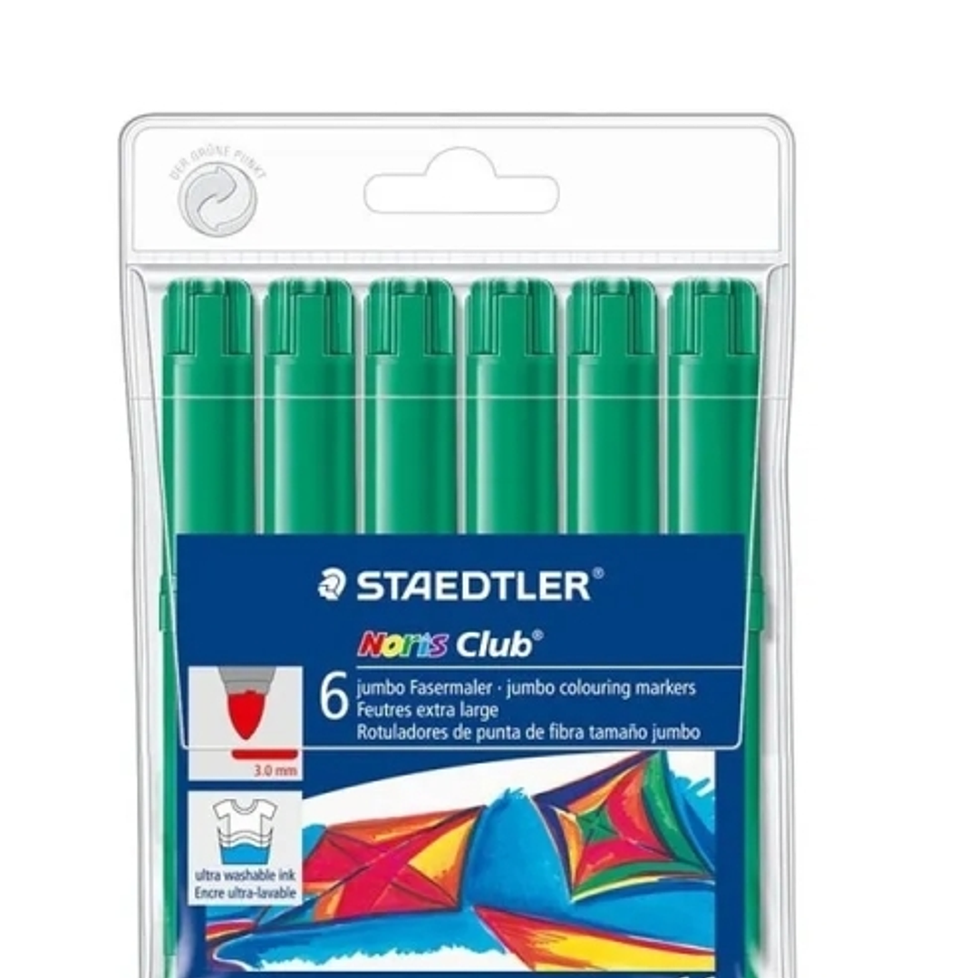 Staedtler Noris Jumbo 340 Pack de 6 Rotuladores Jumbo - Punta de Fibra - Trazo 3mm - Tapa Ventilada - Color Verde 1