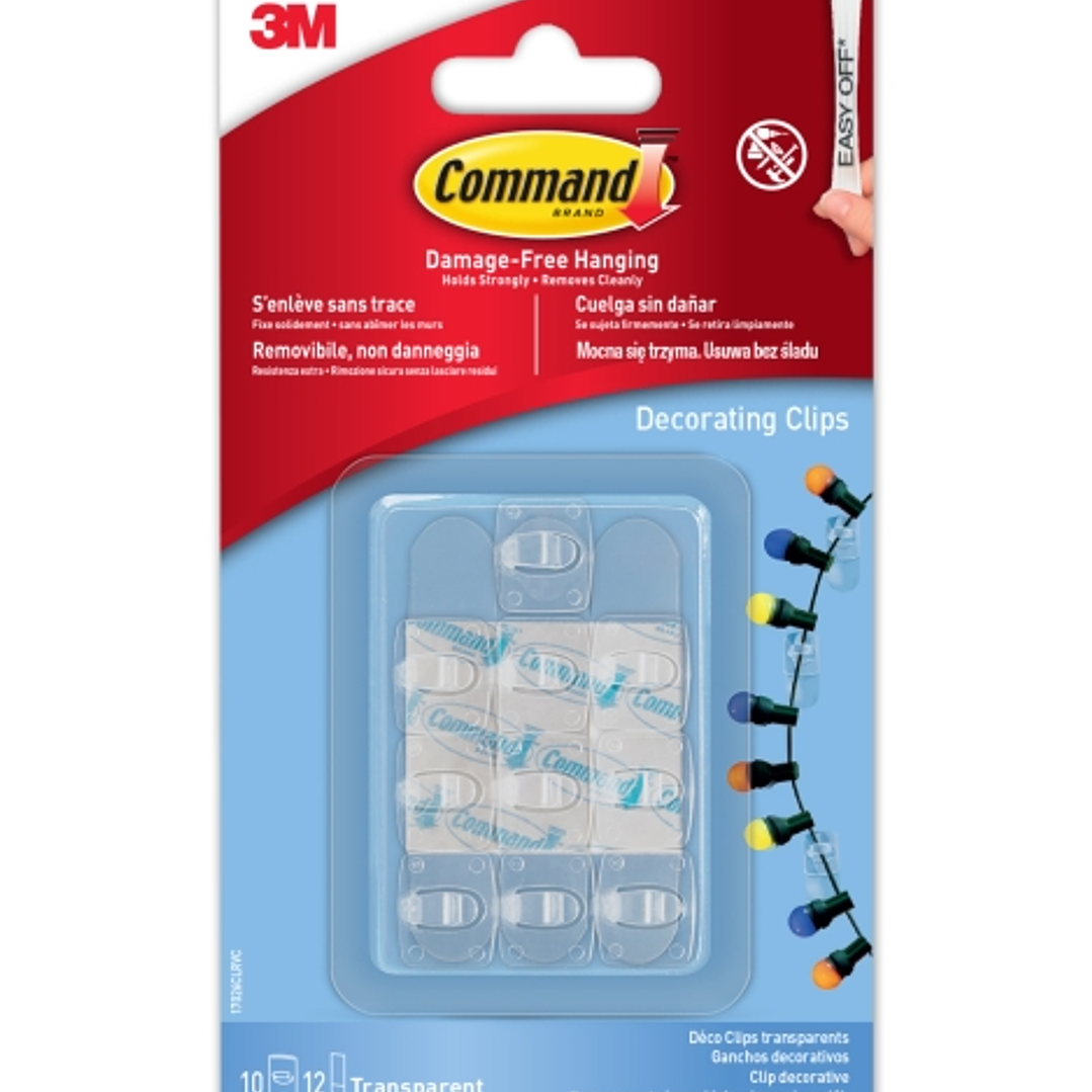 Command Pack de 10 Ganchos para Luces - Sujeccion de Clip - 12 Tiras Adhesivas - Color Transparente 1