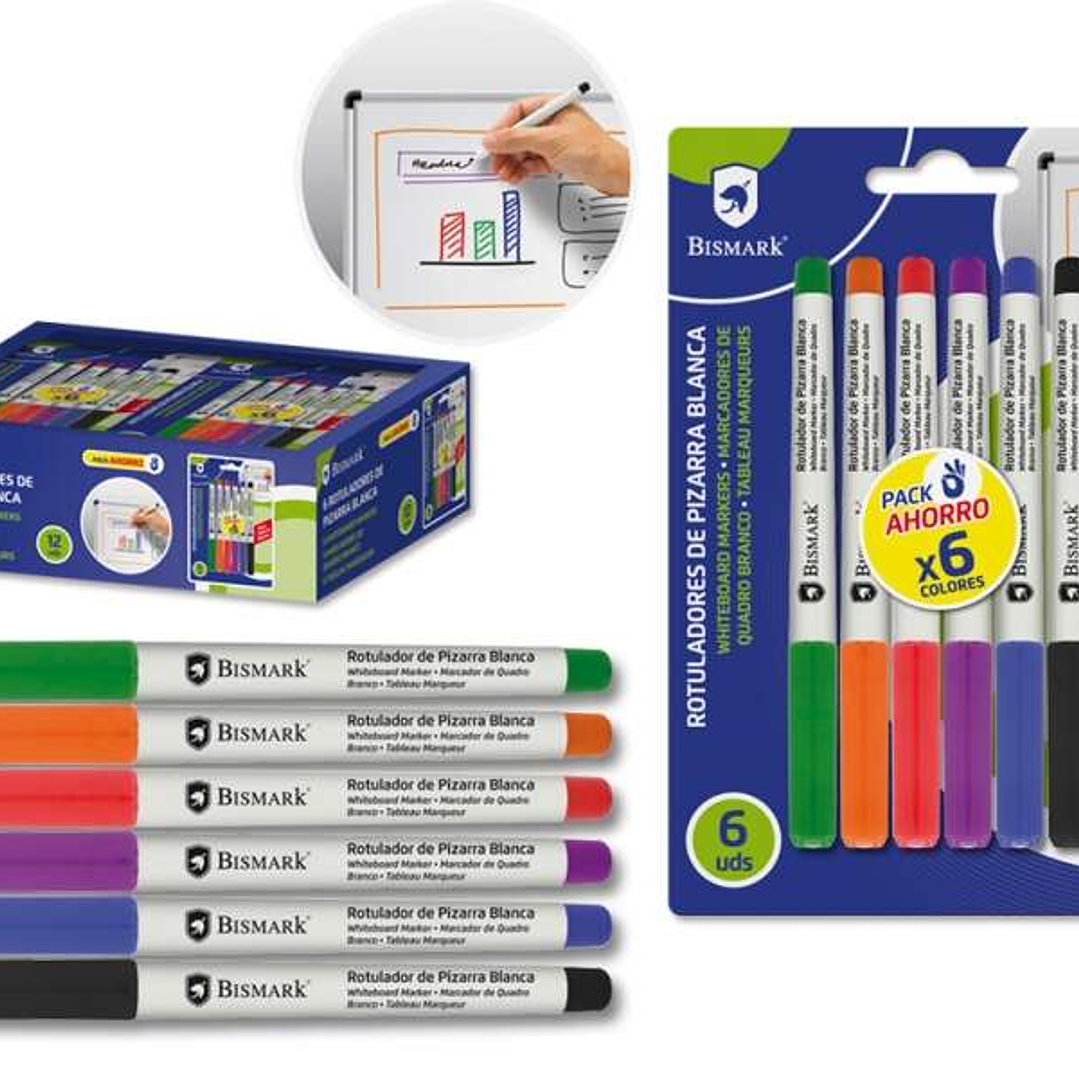 Bismark Pack de 6 Rotuladores para Pizarra Blanca - Punta Fina - Tinta de Secado Rapido - Borrado Facil - Colores Surtidos 1