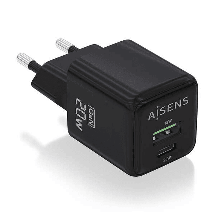 Aisens Cargador Gan 20W - 1xUSB-C PD3.0 QC4.0 - 1xUSB-A QC3.0 - Color Negro 1