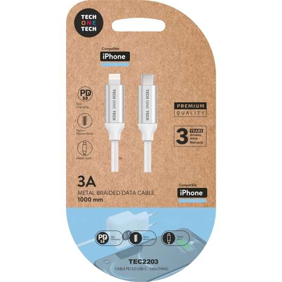 TechOneTech Cable USB-C PD 3.0 Macho a Lightning Macho 1m - Recubierto de Nylon Trenzado 1