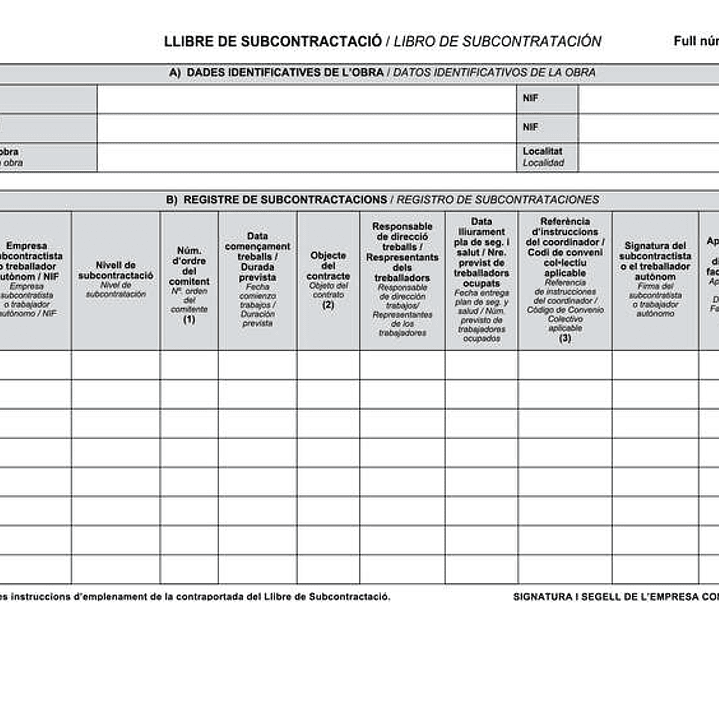 Dohe Libros de Subcontratacion Din A4 Apaisado Catalan/Castellano - 10 Hojas Numeradas - Hojas Autocopiativas 1