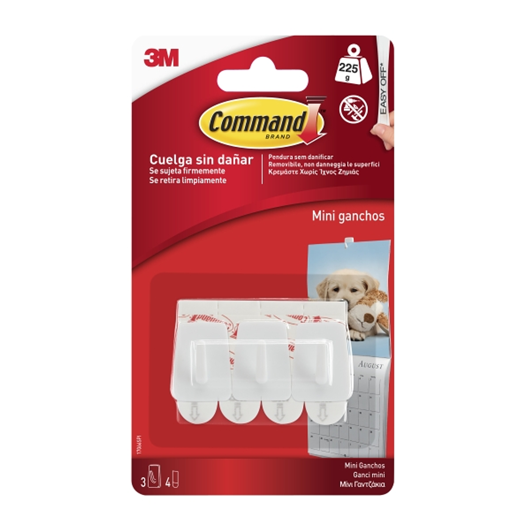 Command Mini Pack de 3 Ganchos - 4 Tiras Adhesivas - Soportan hasta 225G - Color Blanco 1