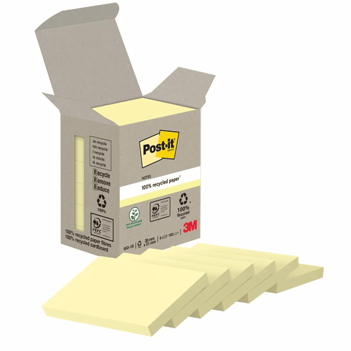 Post-It Pack de 6 Blocs de 100 Notas Adhesivas Recicladas - Forma Rectangular - 51x38mm - Color Amarillo Claro 1