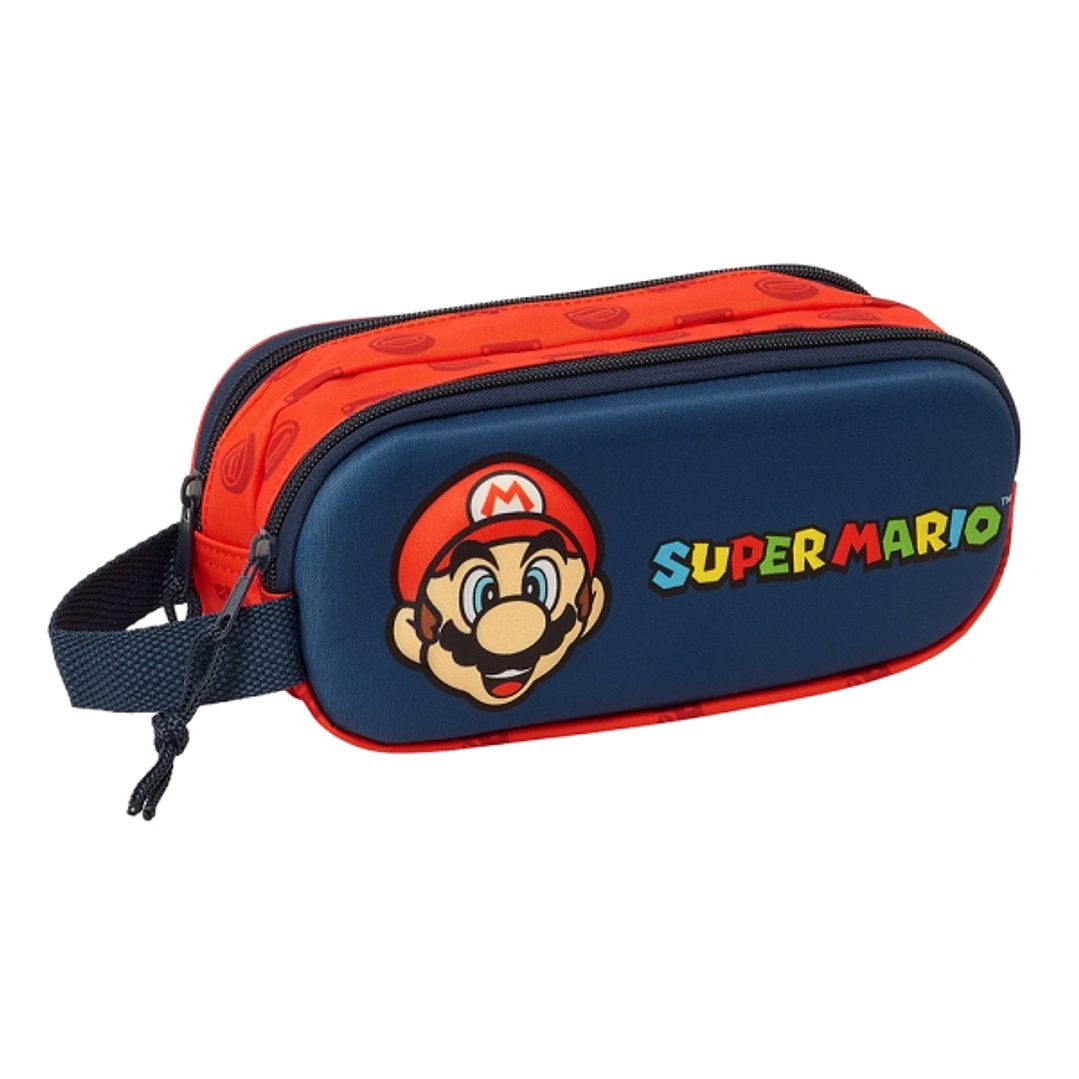 Safta Super Mario Estuche Portatodo 3D - 2 Compartimentos - Asa de Mano - 21x8x6cm - Color Rojo y Azul 1