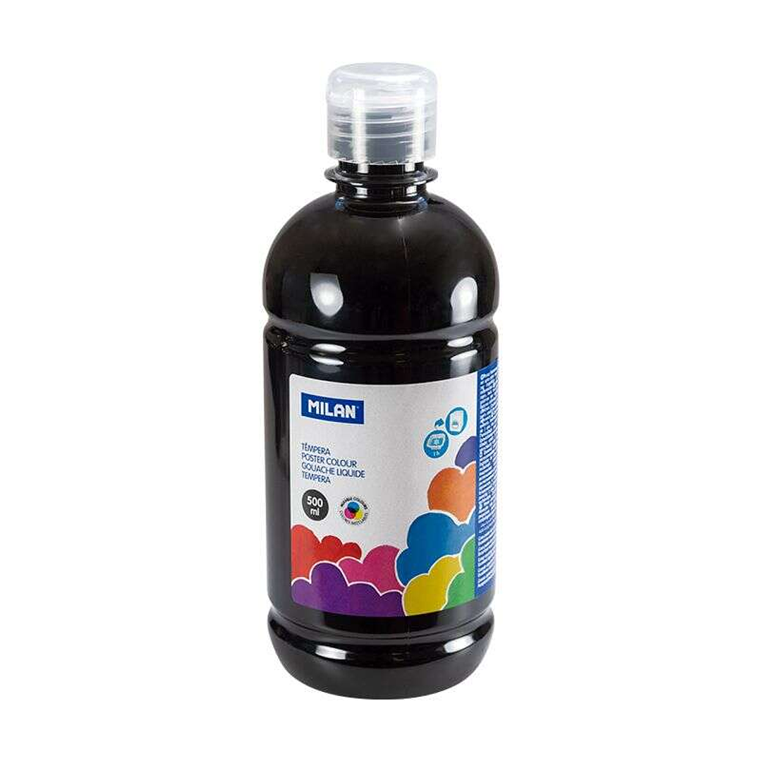 Milan Botella de Tempera 500ml - Tapon Dosificador - Secado Rapido - Mezclable - Color Negro 1