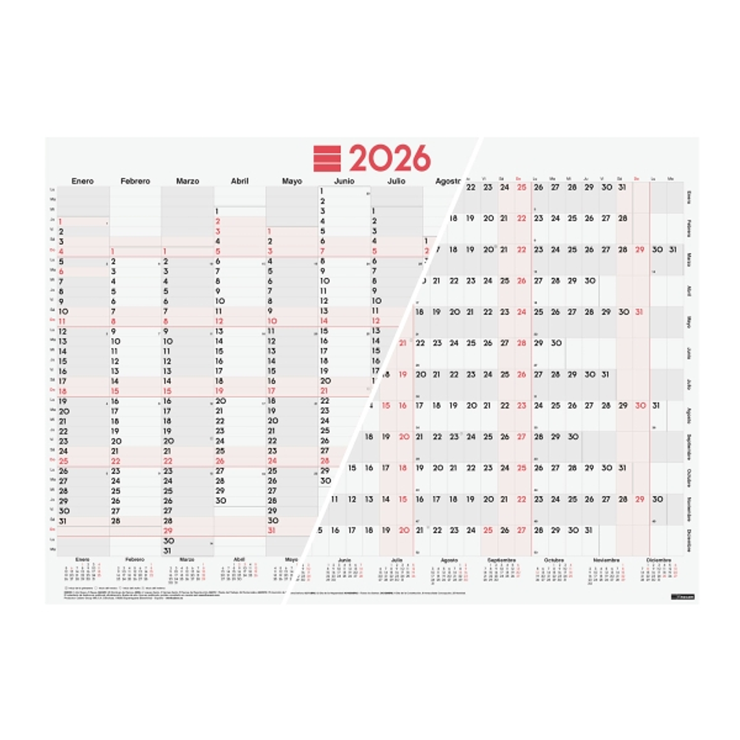 Finocam Planificador de Tipo Poster - Anual 2026 - Espacio para Escribir - 680x485mm - Numeros Grandes - Color Blanco y Rojo 1