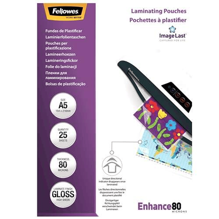 Fellowes Pack de 25 Fundas para Plastificar Brillo A5 - 80 Micras - Alta Calidad - Transparente 1