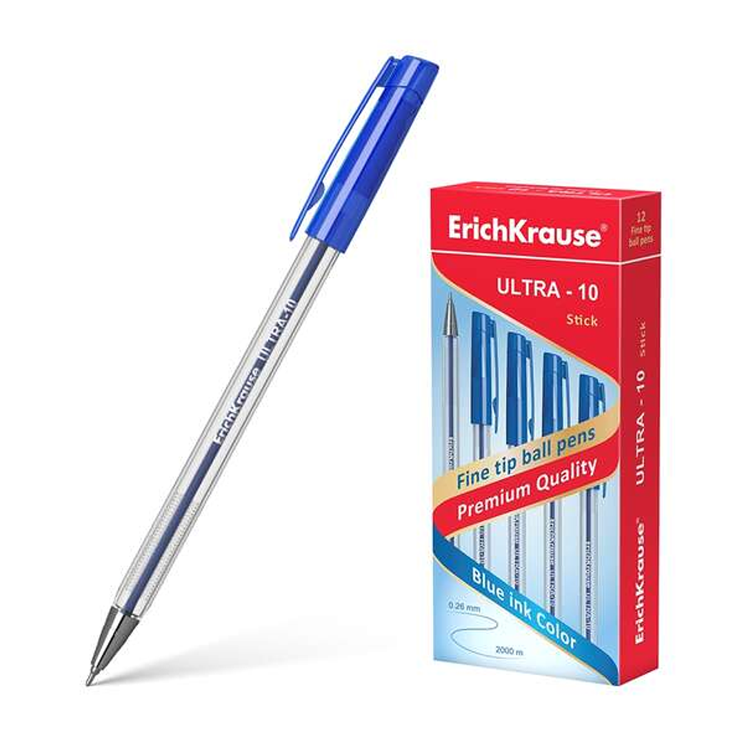 Erichkrause Boligrafo Ultra-10 - Punta Metalica de Tipo Aguja - Cuerpo Hexagonal Transparente - Tinta de Baja Viscosidad - Color Azul 1